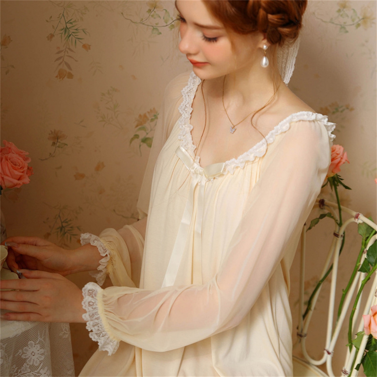 91家纺网 家纺一手货源 找家纺 洛兰沙家居馆 2026新款宫廷公主风睡裙春秋长袖法式蕾丝家居高级感性感睡衣甜美少女长裙 花色3