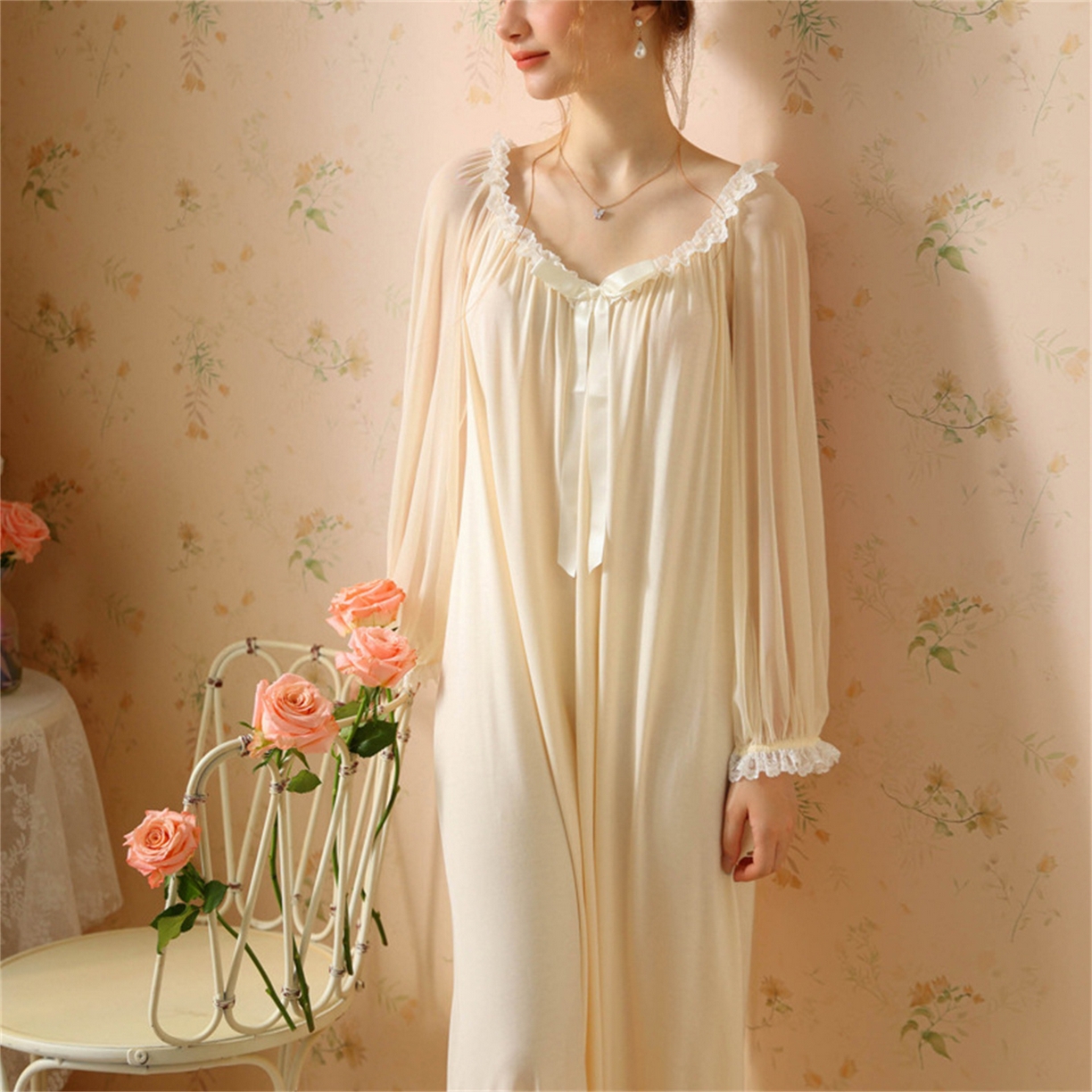 91家纺网 家纺一手货源 找家纺 洛兰沙家居馆 2026新款宫廷公主风睡裙春秋长袖法式蕾丝家居高级感性感睡衣甜美少女长裙 花色3