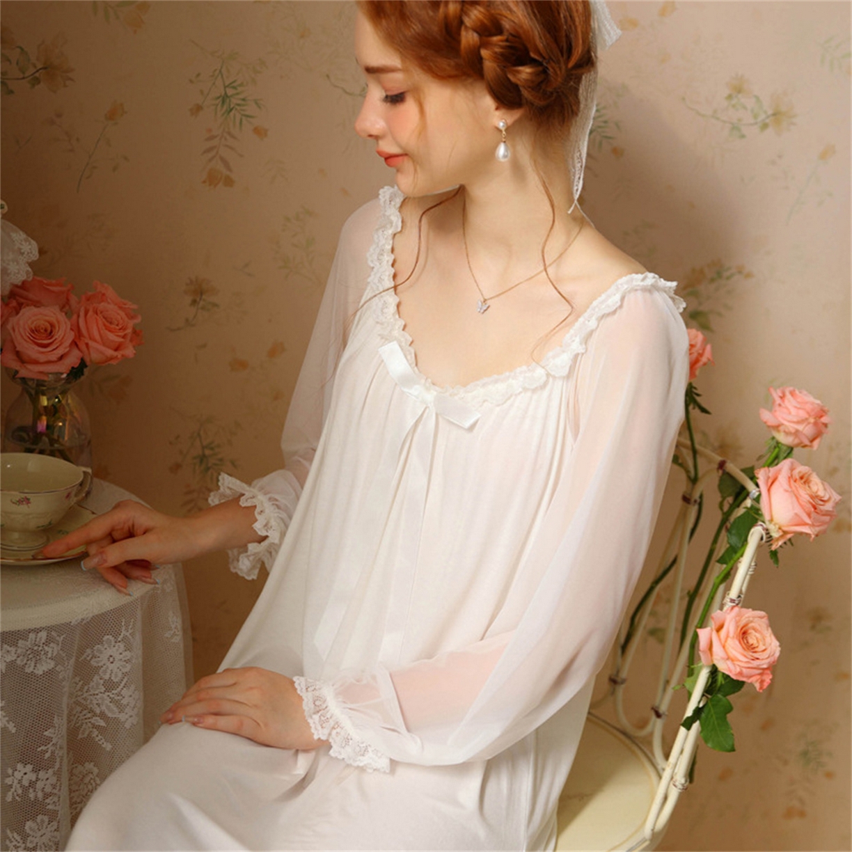 91家纺网 家纺一手货源 找家纺 洛兰沙家居馆 2026新款宫廷公主风睡裙春秋长袖法式蕾丝家居高级感性感睡衣甜美少女长裙 花色4