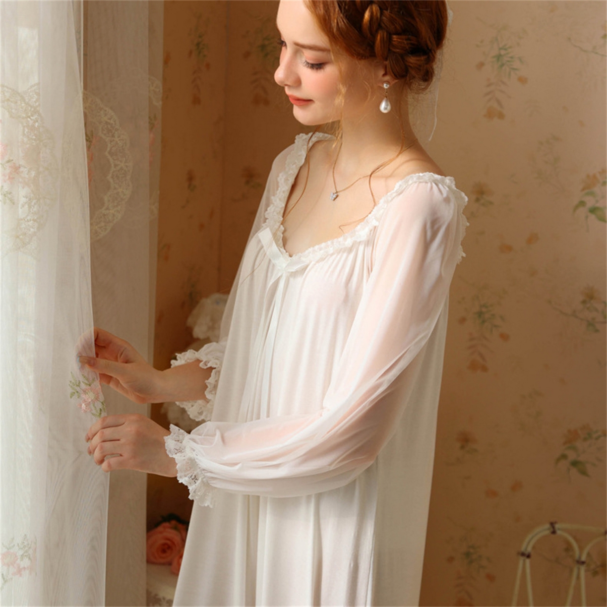 91家纺网 家纺一手货源 找家纺 洛兰沙家居馆 2026新款宫廷公主风睡裙春秋长袖法式蕾丝家居高级感性感睡衣甜美少女长裙 花色4