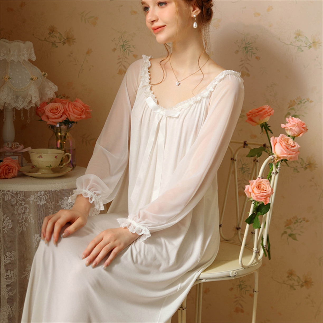 91家纺网 家纺一手货源 找家纺 洛兰沙家居馆 2026新款宫廷公主风睡裙春秋长袖法式蕾丝家居高级感性感睡衣甜美少女长裙 花色4