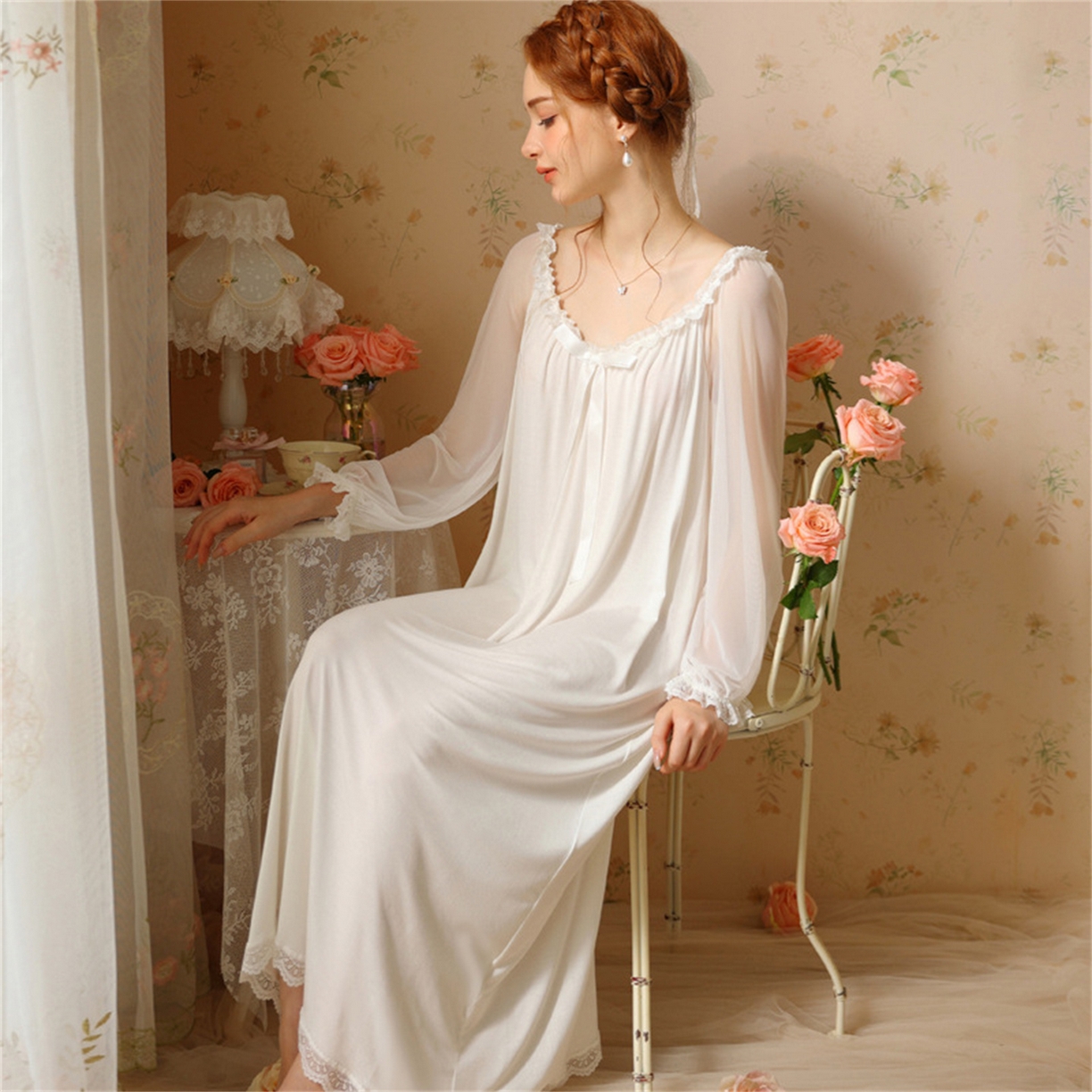 91家纺网 家纺一手货源 找家纺 洛兰沙家居馆 2026新款宫廷公主风睡裙春秋长袖法式蕾丝家居高级感性感睡衣甜美少女长裙 花色4