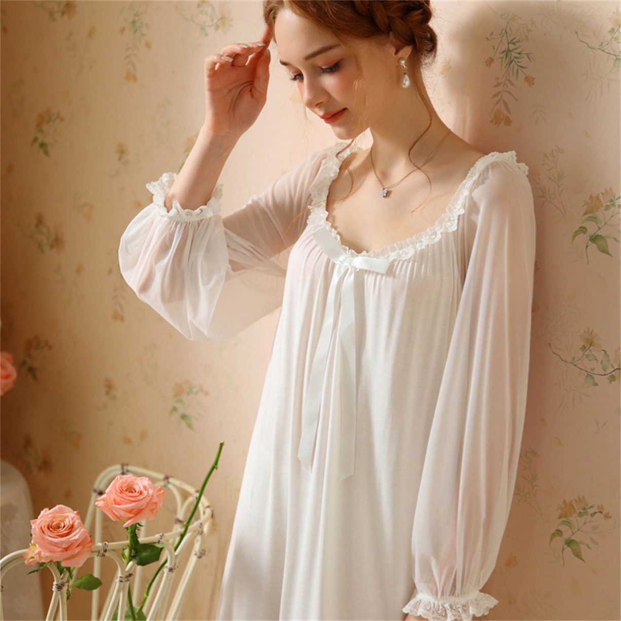 91家纺网 家纺一手货源 找家纺 洛兰沙家居馆 2026新款宫廷公主风睡裙春秋长袖法式蕾丝家居高级感性感睡衣甜美少女长裙 花色4