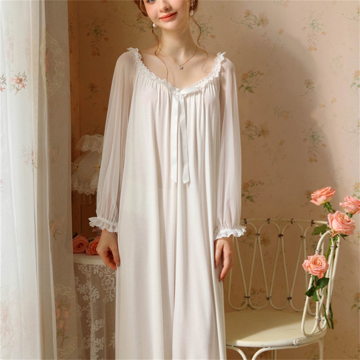 91家纺网 家纺一手货源 找家纺 洛兰沙家居馆 2026新款宫廷公主风睡裙春秋长袖法式蕾丝家居高级感性感睡衣甜美少女长裙 花色4