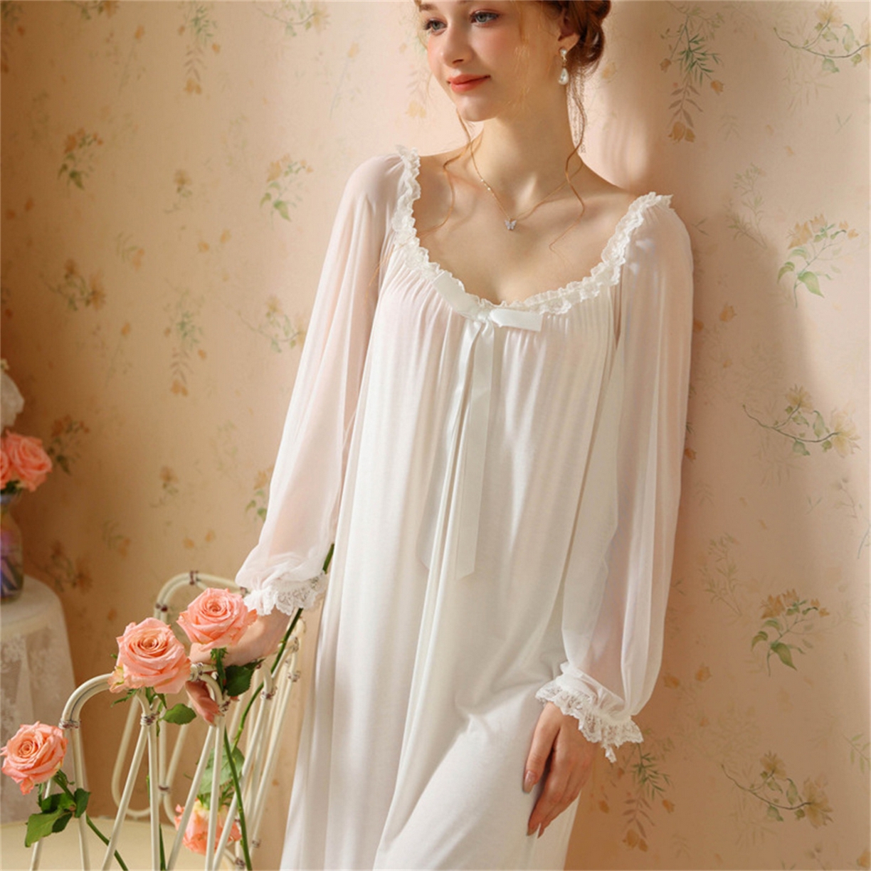 91家纺网 家纺一手货源 找家纺 洛兰沙家居馆 2026新款宫廷公主风睡裙春秋长袖法式蕾丝家居高级感性感睡衣甜美少女长裙 花色4