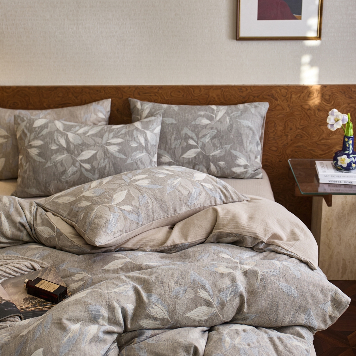 91家纺网 家纺一手货源 找家纺 安莱生活 2026新品色织棉麻大提花四件套蔓藤浮雕复古被套床单床品 蔓藤-汀蓝