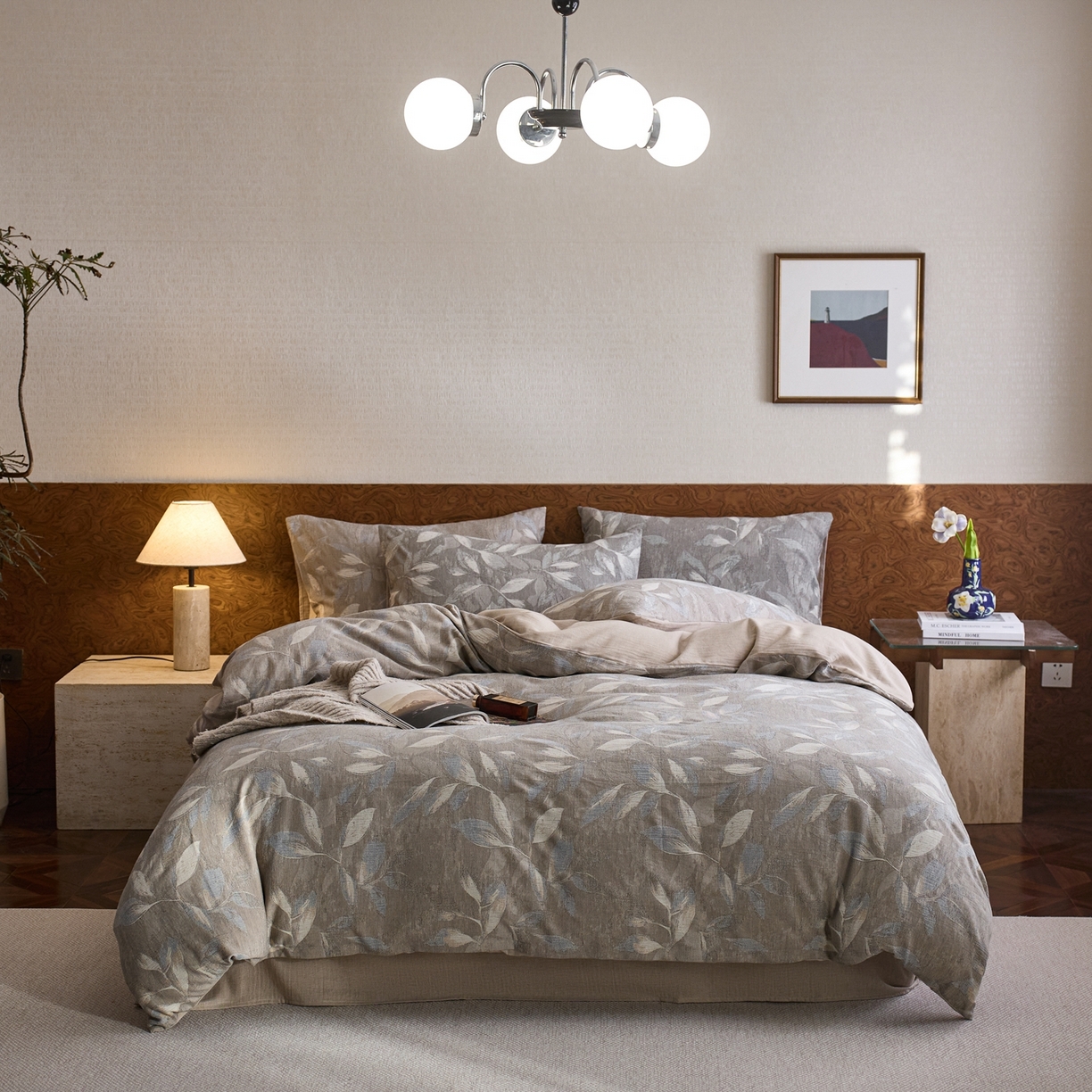 91家纺网 家纺一手货源 找家纺 安莱生活 2026新品色织棉麻大提花四件套蔓藤浮雕复古被套床单床品 蔓藤-汀蓝