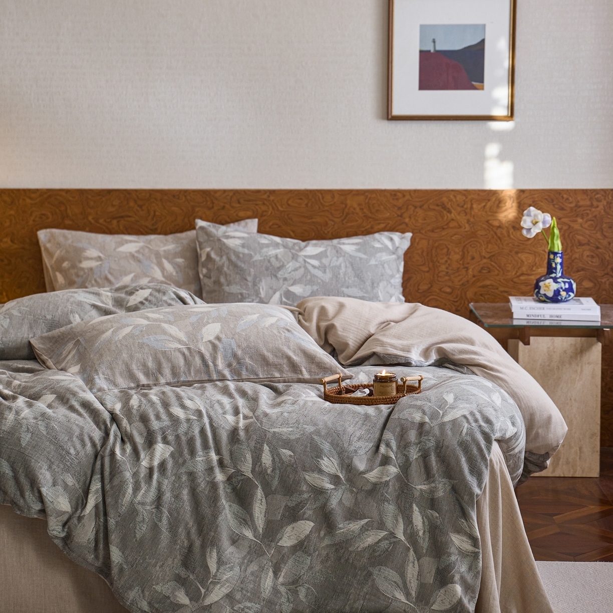 91家纺网 家纺一手货源 找家纺 安莱生活 2026新品色织棉麻大提花四件套蔓藤浮雕复古被套床单床品 蔓藤-灰岚