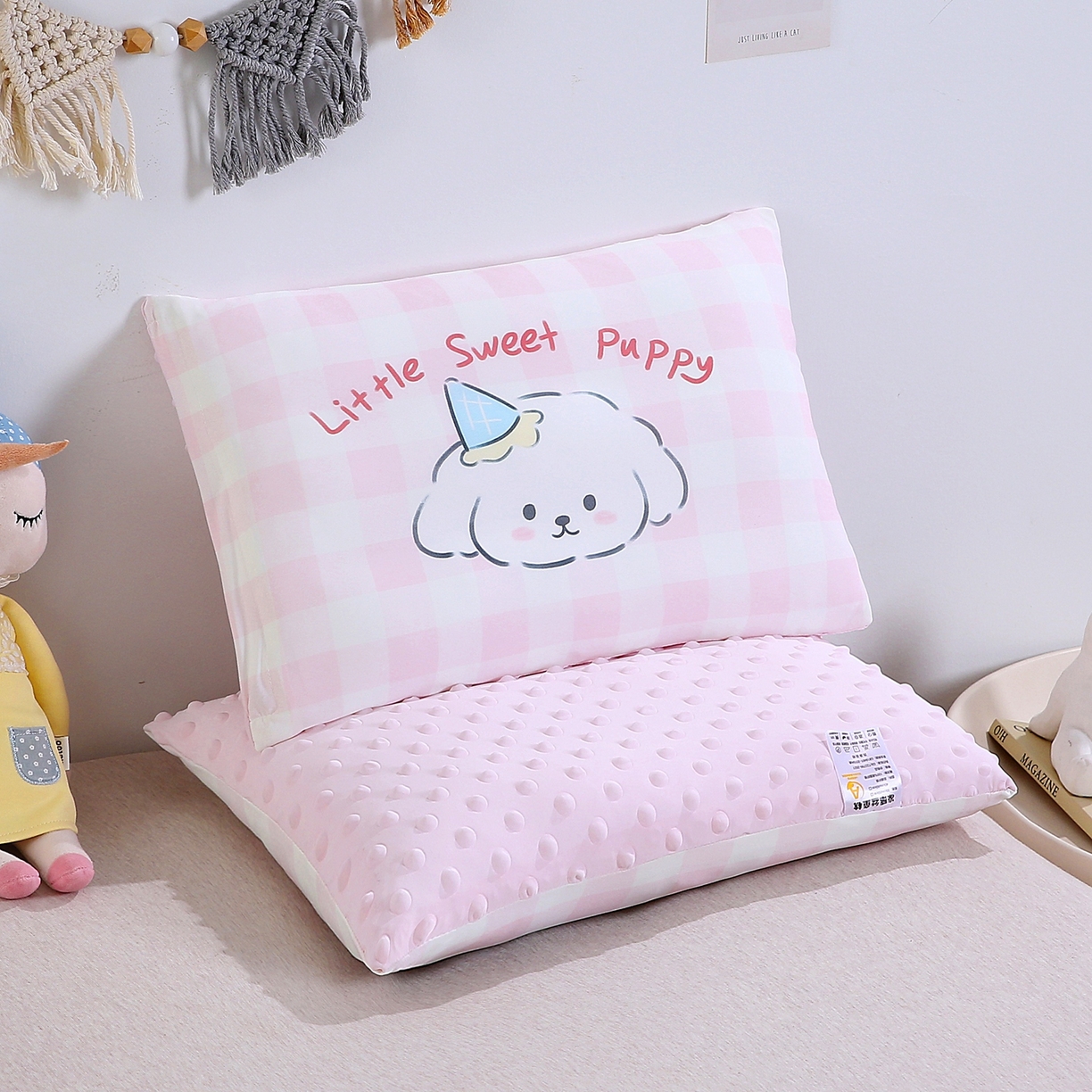 91家纺网 家纺一手货源 找家纺 珍贝家纺 2026新款A面凉感丝+B面豆豆绒枕头枕套+枕芯儿童枕学生枕枕头枕芯 凉感--小比熊