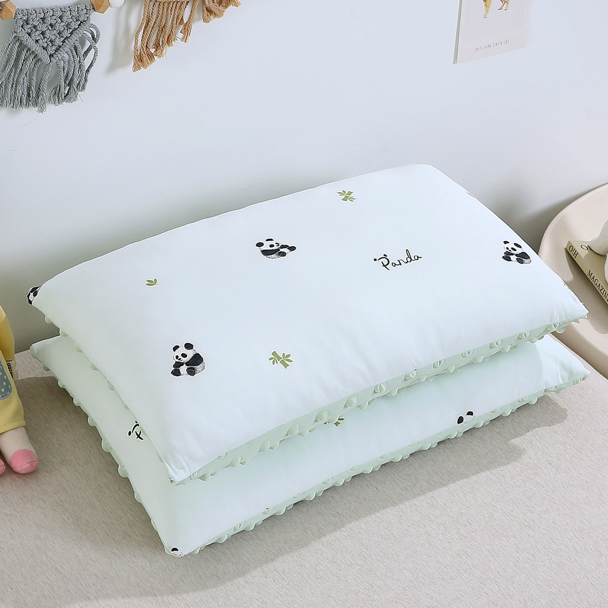 珍贝家纺 2026新款A面凉感丝+B面豆豆绒枕头枕套+枕芯儿童枕学生枕枕头枕芯 凉感--小熊猫