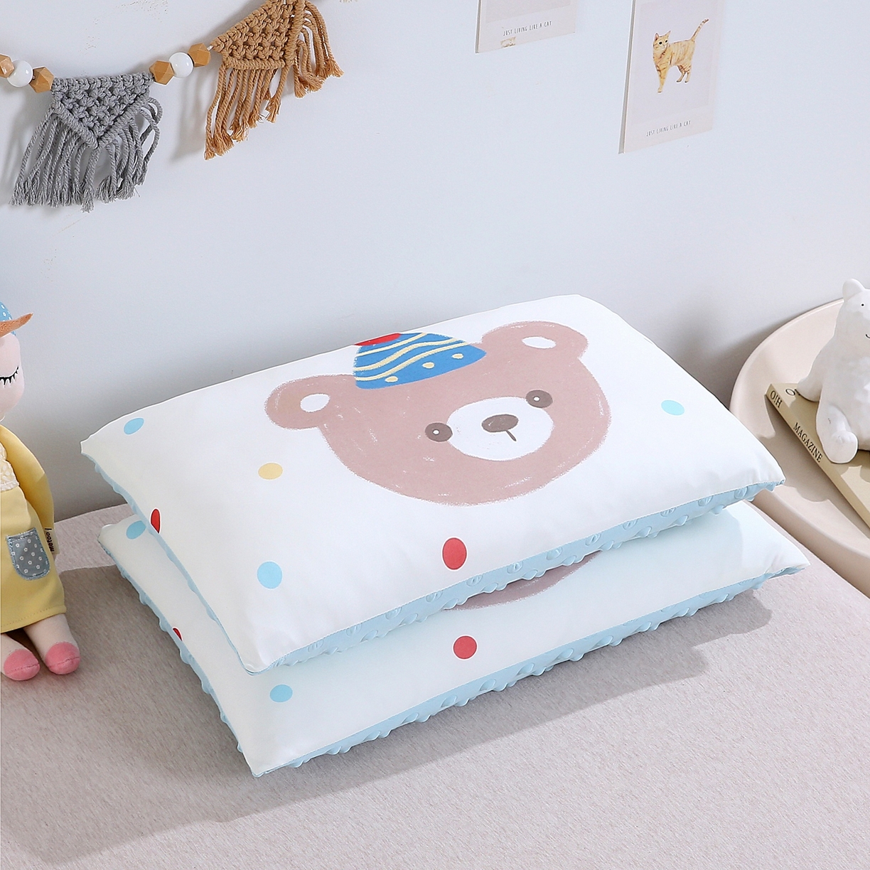 珍贝家纺 2026新款A面凉感丝+B面豆豆绒枕头枕套+枕芯儿童枕学生枕枕头枕芯 凉感--小灰熊