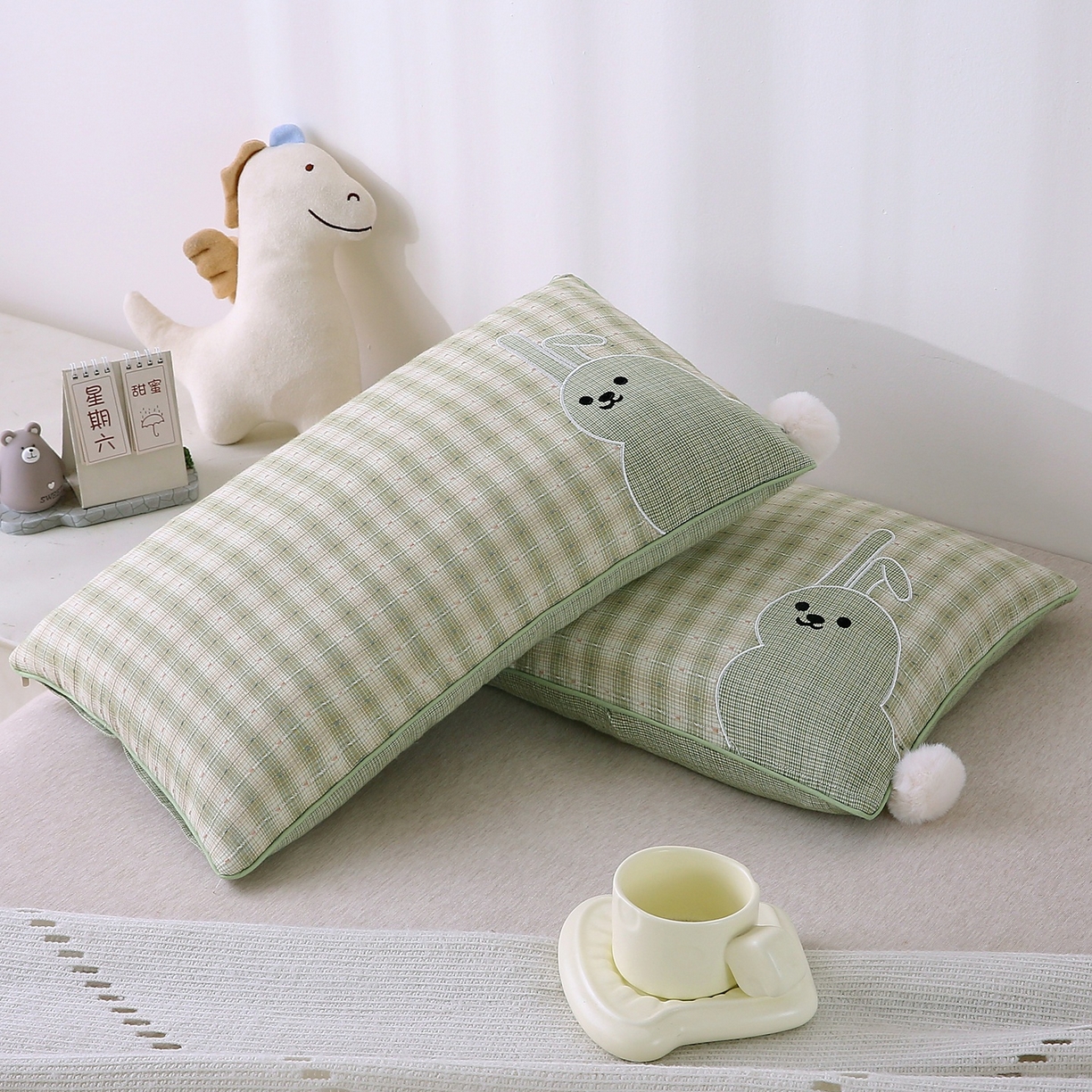 珍贝家纺 2026新款全棉水洗棉贴布绣荞麦枕枕头枕芯-短尾兔 短尾兔-绿