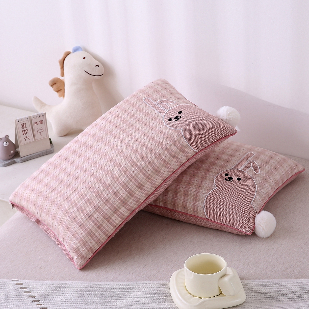 珍贝家纺 2026新款全棉水洗棉贴布绣荞麦枕枕头枕芯-短尾兔 短尾兔-粉