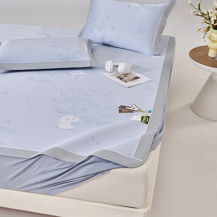 91家纺网 家纺一手货源 找家纺 小牛席业 2026新款胖达凉感提花冰丝席席子凉席-床笠款 蓝色