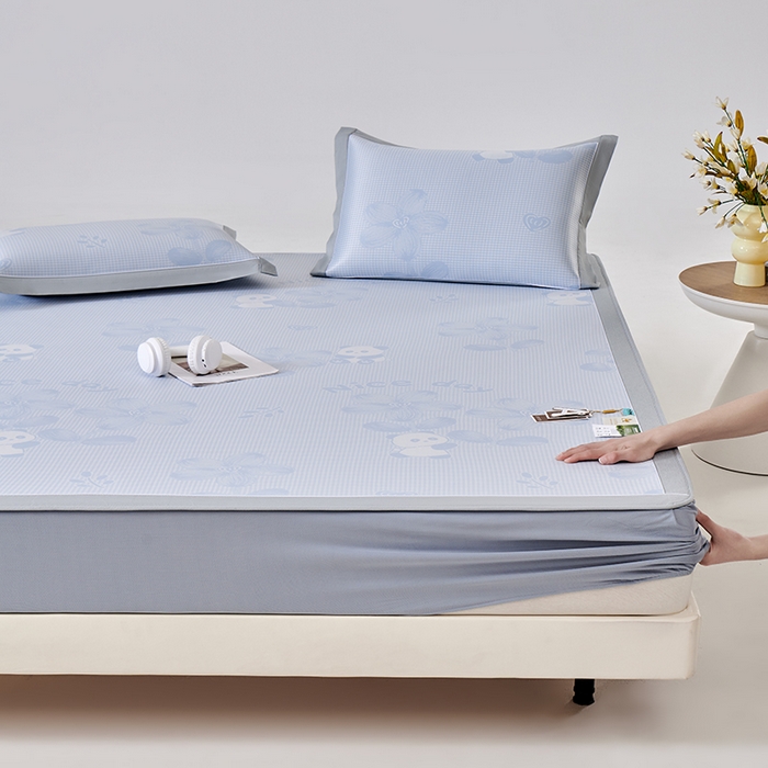 91家纺网 家纺一手货源 找家纺 小牛席业 2026新款胖达凉感提花冰丝席席子凉席-床笠款 蓝色