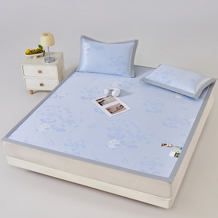 91家纺网 家纺一手货源 找家纺 小牛席业 2026新款胖达凉感提花冰丝席席子凉席 蓝色