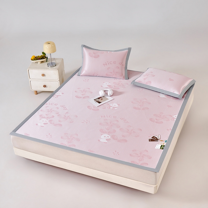 91家纺网 家纺一手货源 找家纺 小牛席业 2026新款胖达凉感提花冰丝席席子凉席 粉色