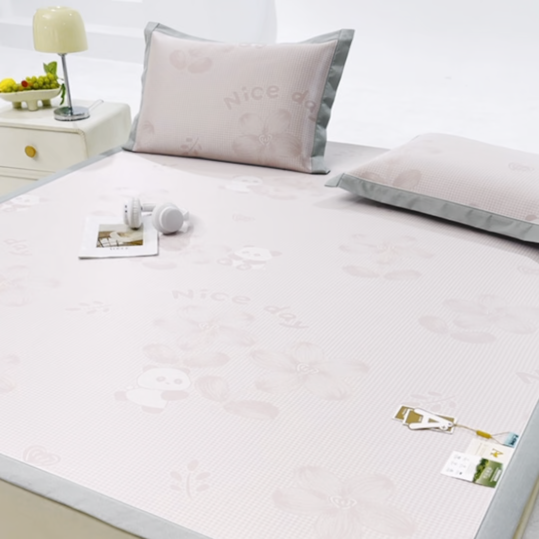 91家纺网 家纺一手货源 找家纺 小牛席业 2026新款胖达凉感提花冰丝席席子凉席 粉色