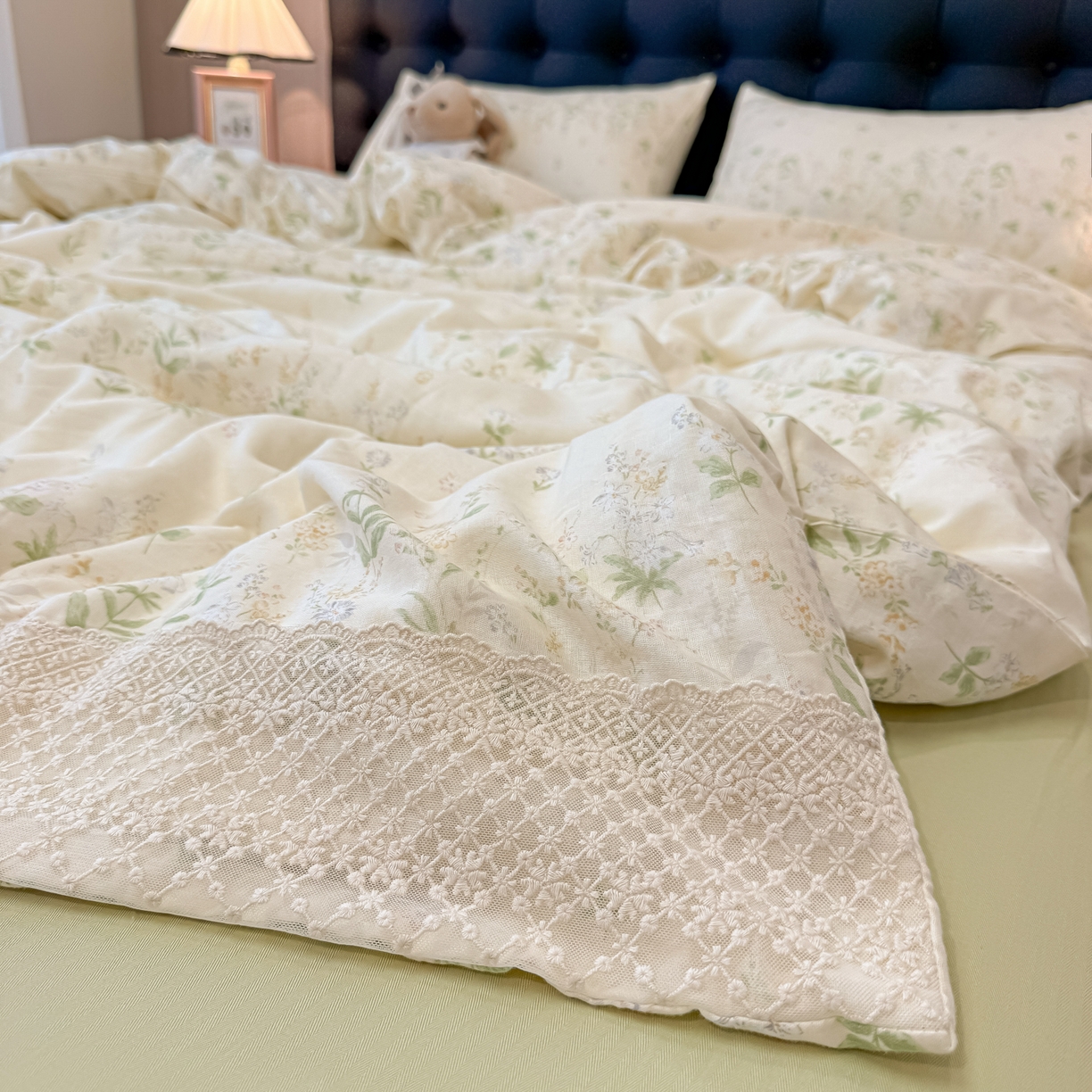 91家纺网 家纺一手货源 找家纺 （总）盼季家纺 2026新款水洗棉印花法式高定小碎花蕾丝花边四件套