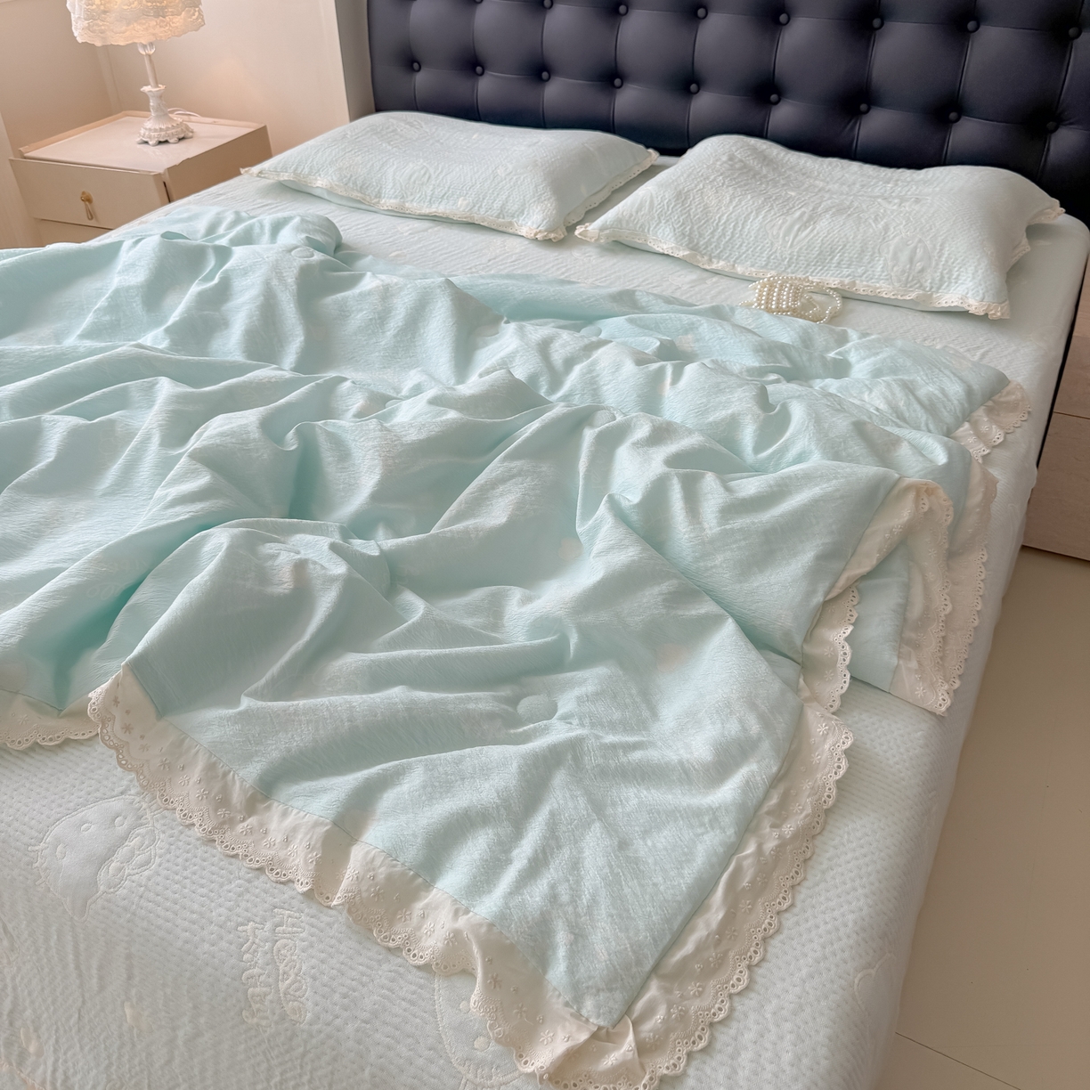 91家纺网 家纺一手货源 找家纺 盼季家纺 2026新款A类木棉皱皱纱床盖夏被四件套场景一-奶盖KT 奶盖KT-奶蓝