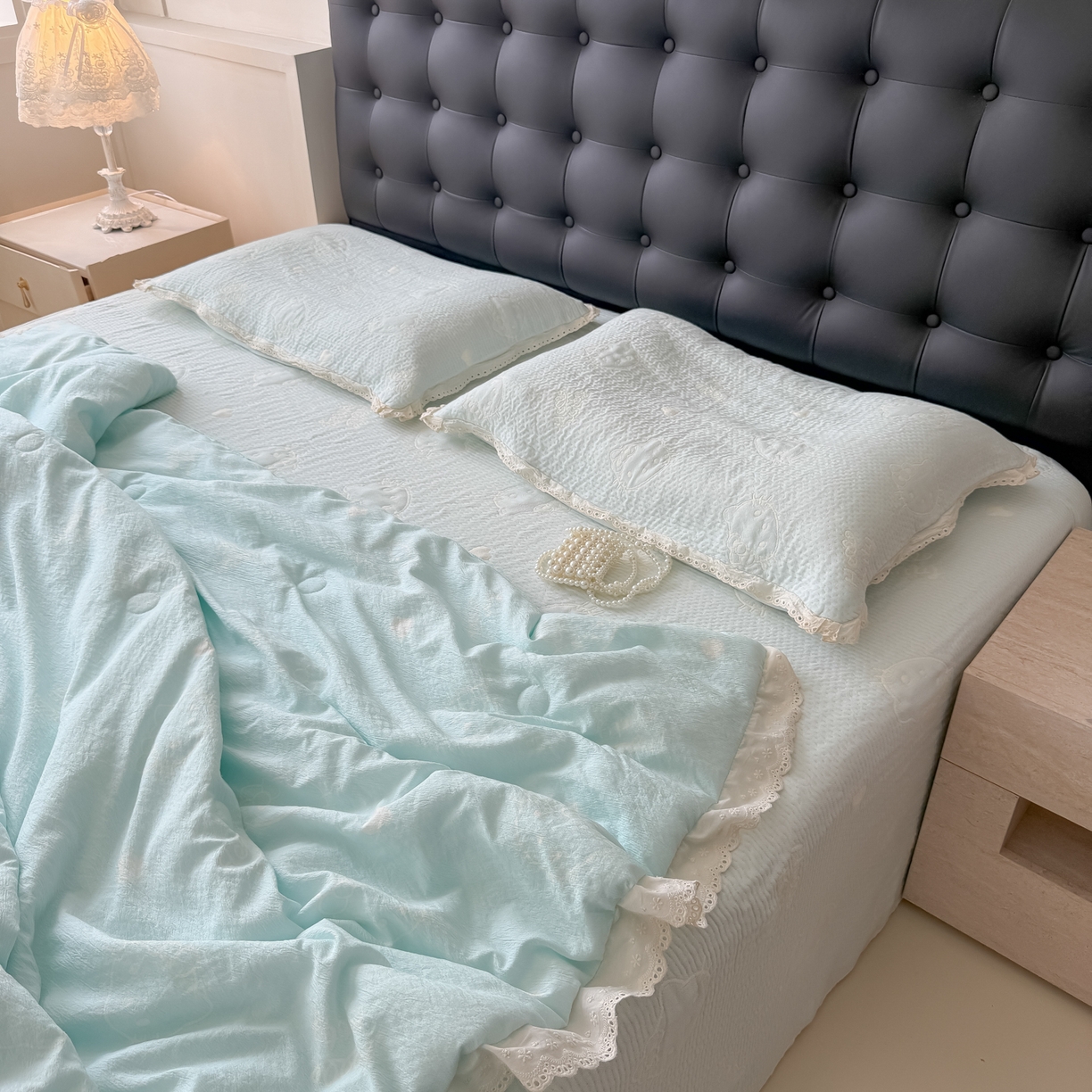 91家纺网 家纺一手货源 找家纺 盼季家纺 2026新款A类木棉皱皱纱床盖夏被四件套场景一-奶盖KT 奶盖KT-奶蓝