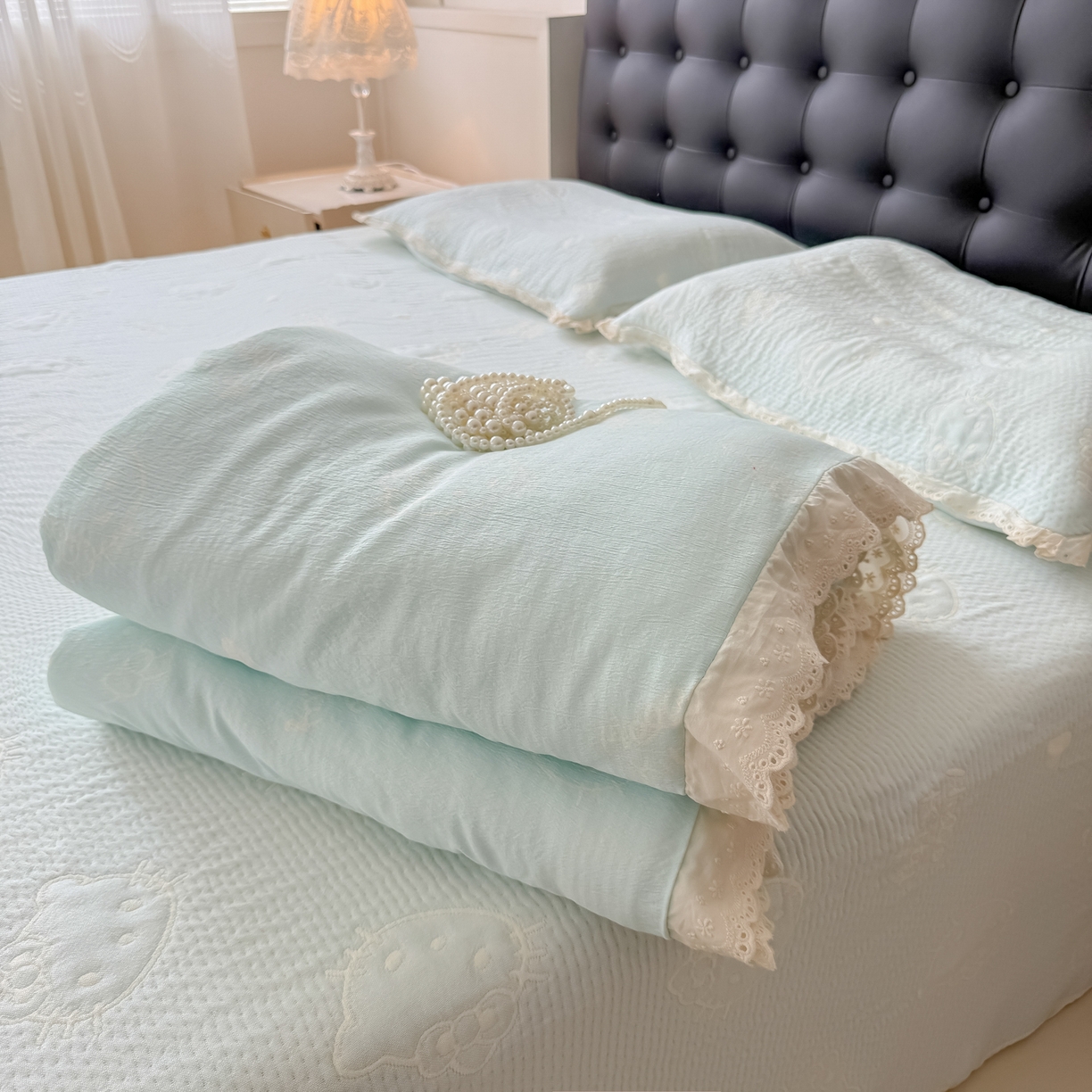 91家纺网 家纺一手货源 找家纺 盼季家纺 2026新款A类木棉皱皱纱床盖夏被四件套场景一-奶盖KT 奶盖KT-奶蓝