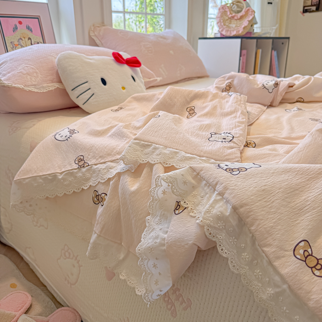 91家纺网 家纺一手货源 找家纺 （总）盼季家纺 2026新款A类木棉皱皱纱床盖夏被四件套场景二-奶盖KT