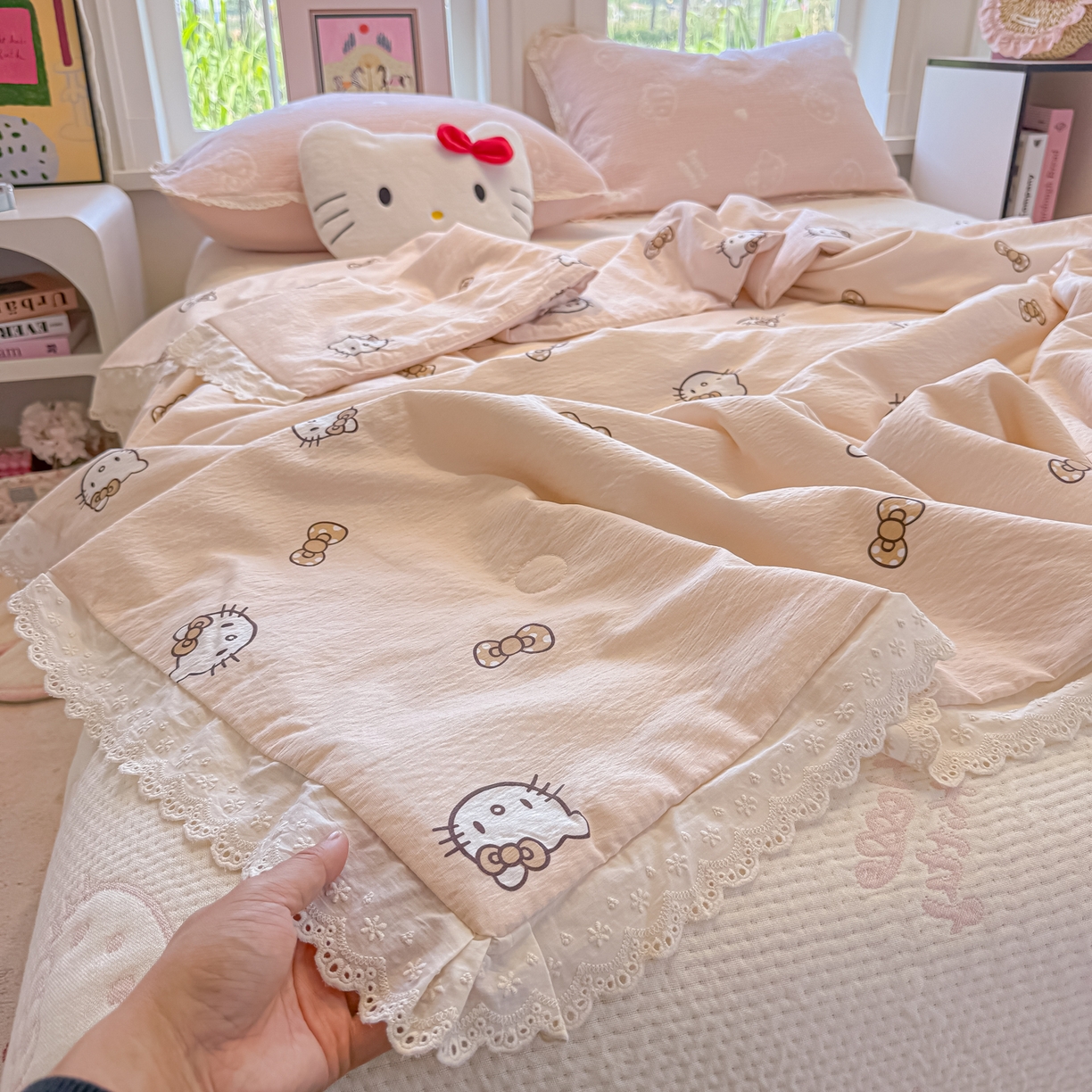 91家纺网 家纺一手货源 找家纺 （总）盼季家纺 2026新款A类木棉皱皱纱床盖夏被四件套场景二-奶盖KT