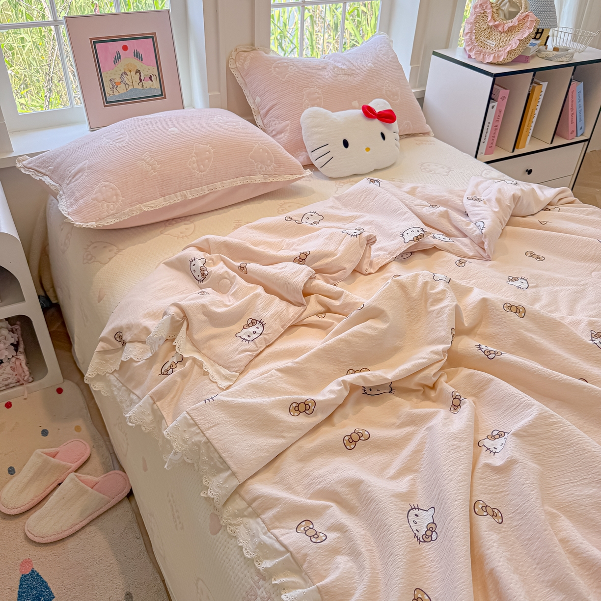 91家纺网 家纺一手货源 找家纺 （总）盼季家纺 2026新款A类木棉皱皱纱床盖夏被四件套场景二-奶盖KT