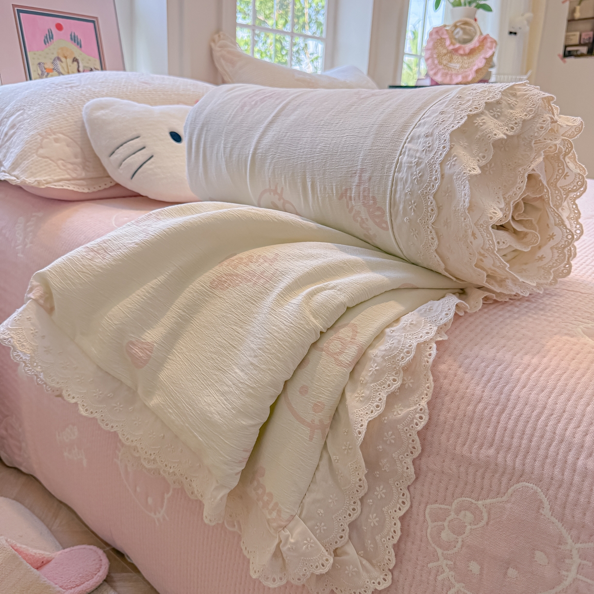 91家纺网 家纺一手货源 找家纺 （总）盼季家纺 2026新款A类木棉皱皱纱床盖夏被四件套场景二-奶盖KT