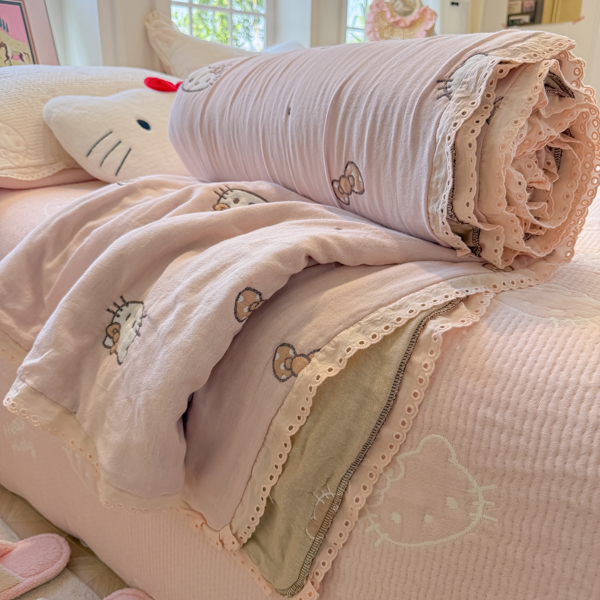 91家纺网 家纺一手货源 找家纺 （总）盼季家纺 2026新款A类木棉皱皱纱床盖夏被四件套场景二-奶盖KT