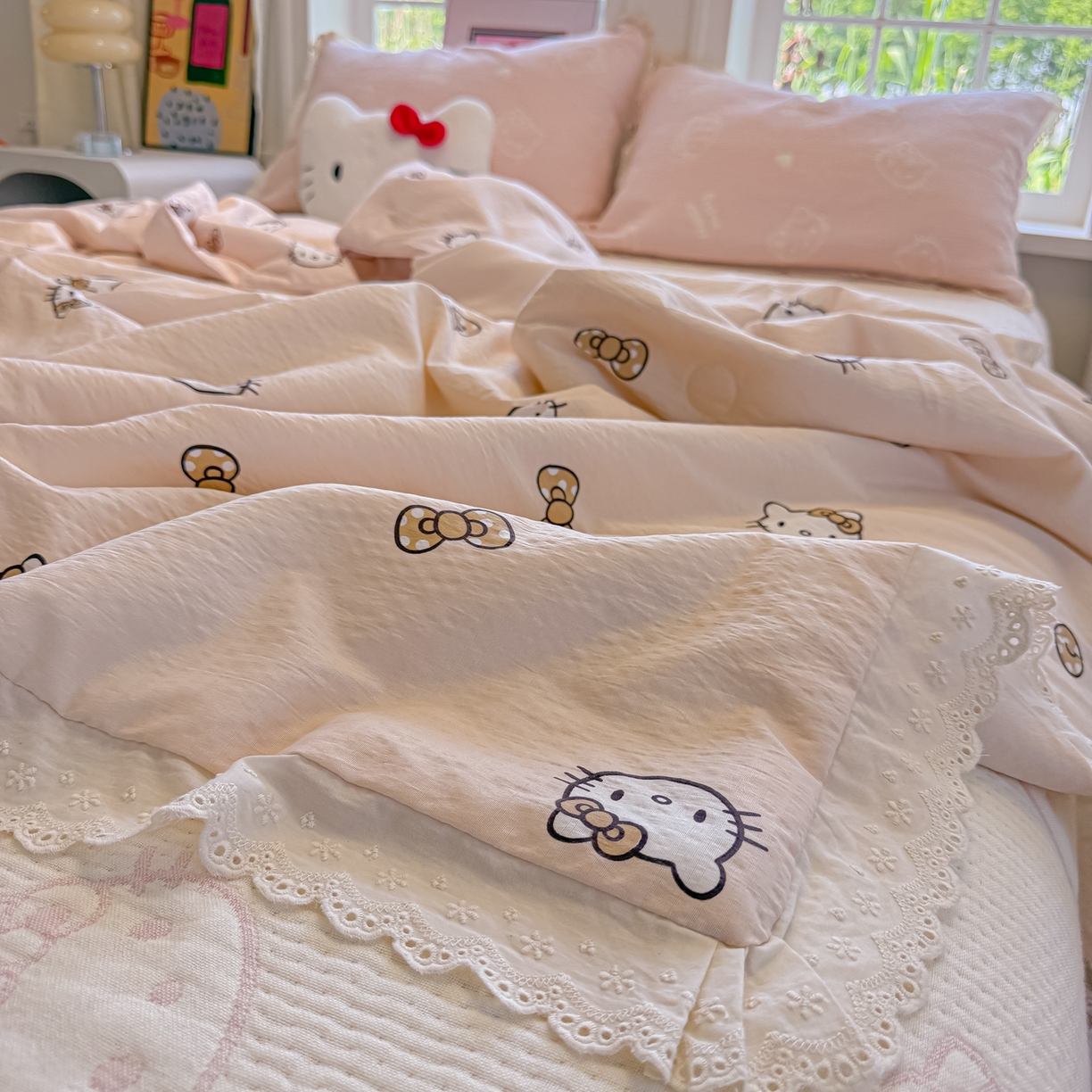 91家纺网 家纺一手货源 找家纺 盼季家纺 2026新款A类木棉皱皱纱床盖夏被四件套场景二-奶盖KT 奶盖KT-粉白