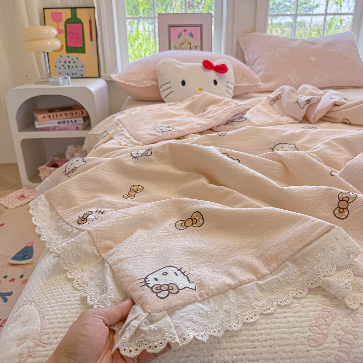 91家纺网 家纺一手货源 找家纺 盼季家纺 2026新款A类木棉皱皱纱床盖夏被四件套场景二-奶盖KT 奶盖KT-粉白