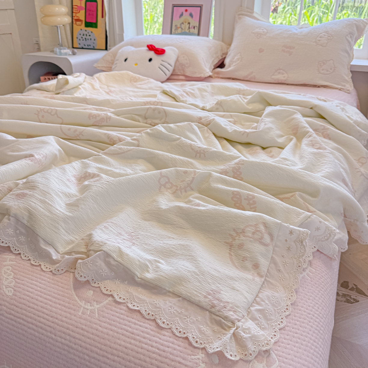 91家纺网 家纺一手货源 找家纺 盼季家纺 2026新款A类木棉皱皱纱床盖夏被四件套场景二-奶盖KT 奶盖KT-白粉
