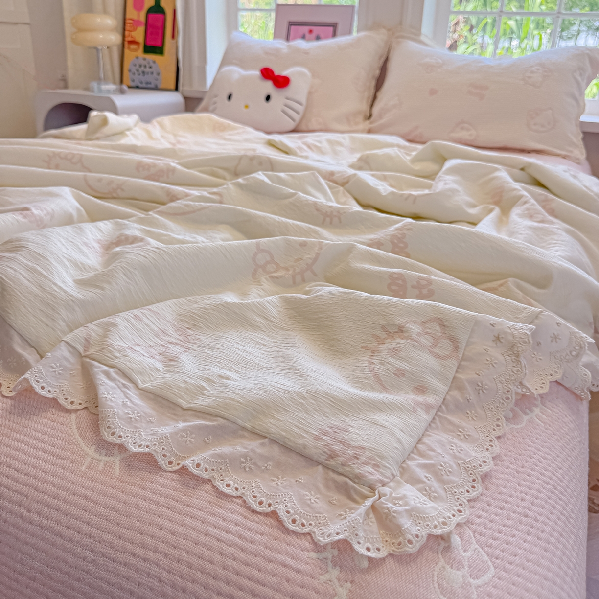 91家纺网 家纺一手货源 找家纺 盼季家纺 2026新款A类木棉皱皱纱床盖夏被四件套场景二-奶盖KT 奶盖KT-白粉