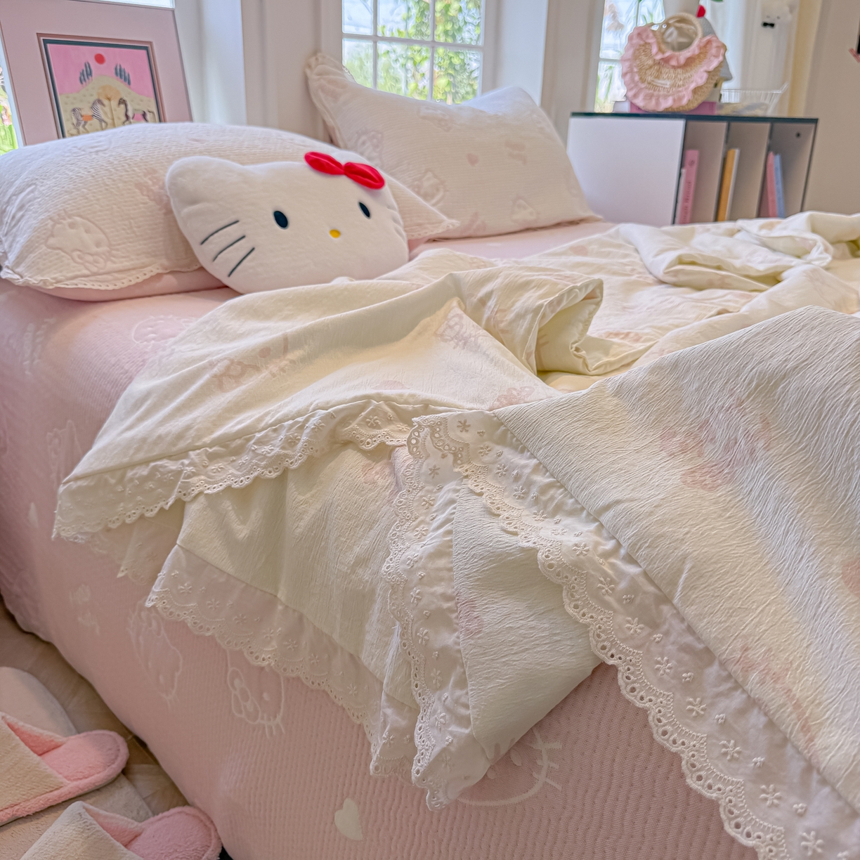 91家纺网 家纺一手货源 找家纺 盼季家纺 2026新款A类木棉皱皱纱床盖夏被四件套场景二-奶盖KT 奶盖KT-白粉