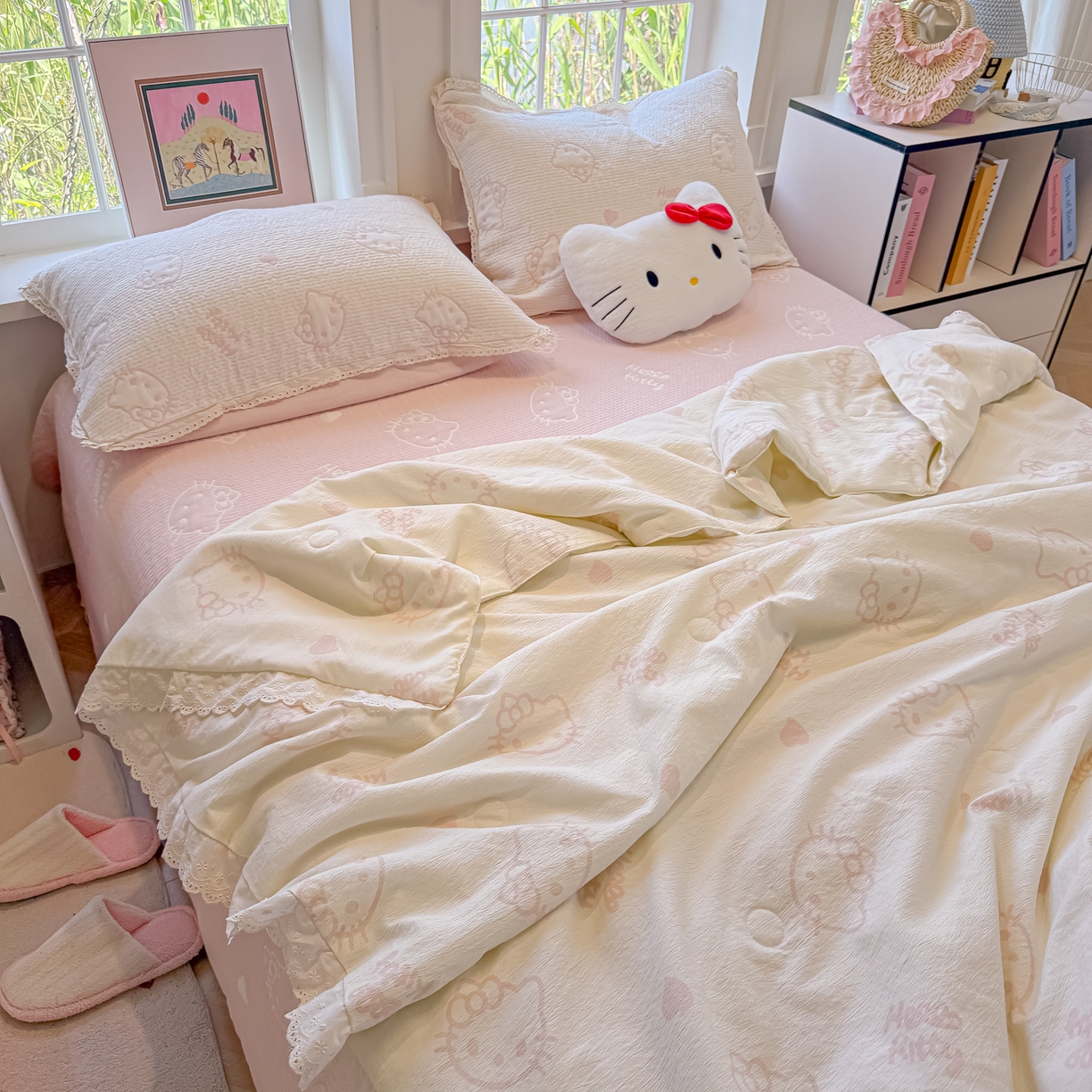 91家纺网 家纺一手货源 找家纺 盼季家纺 2026新款A类木棉皱皱纱床盖夏被四件套场景二-奶盖KT 奶盖KT-白粉