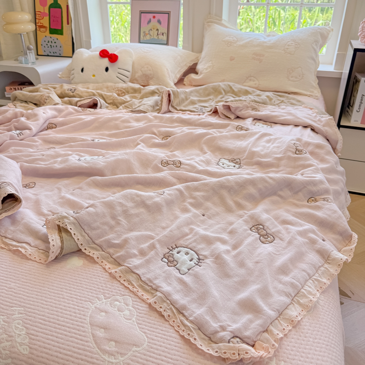 91家纺网 家纺一手货源 找家纺 盼季家纺 2026新款A类木棉皱皱纱床盖夏被四件套场景二-奶盖KT 奶盖KT-粉粉