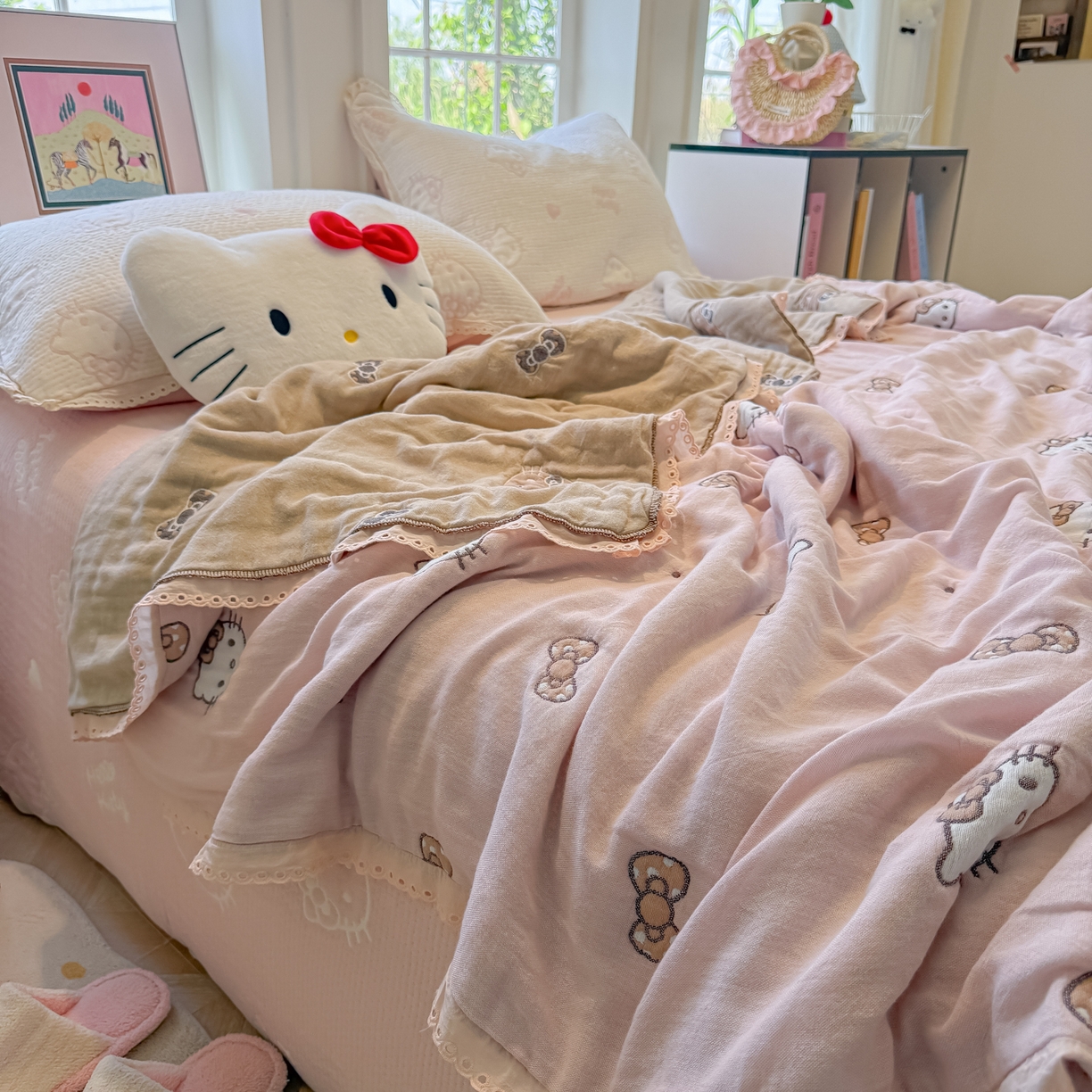 91家纺网 家纺一手货源 找家纺 盼季家纺 2026新款A类木棉皱皱纱床盖夏被四件套场景二-奶盖KT 奶盖KT-粉粉