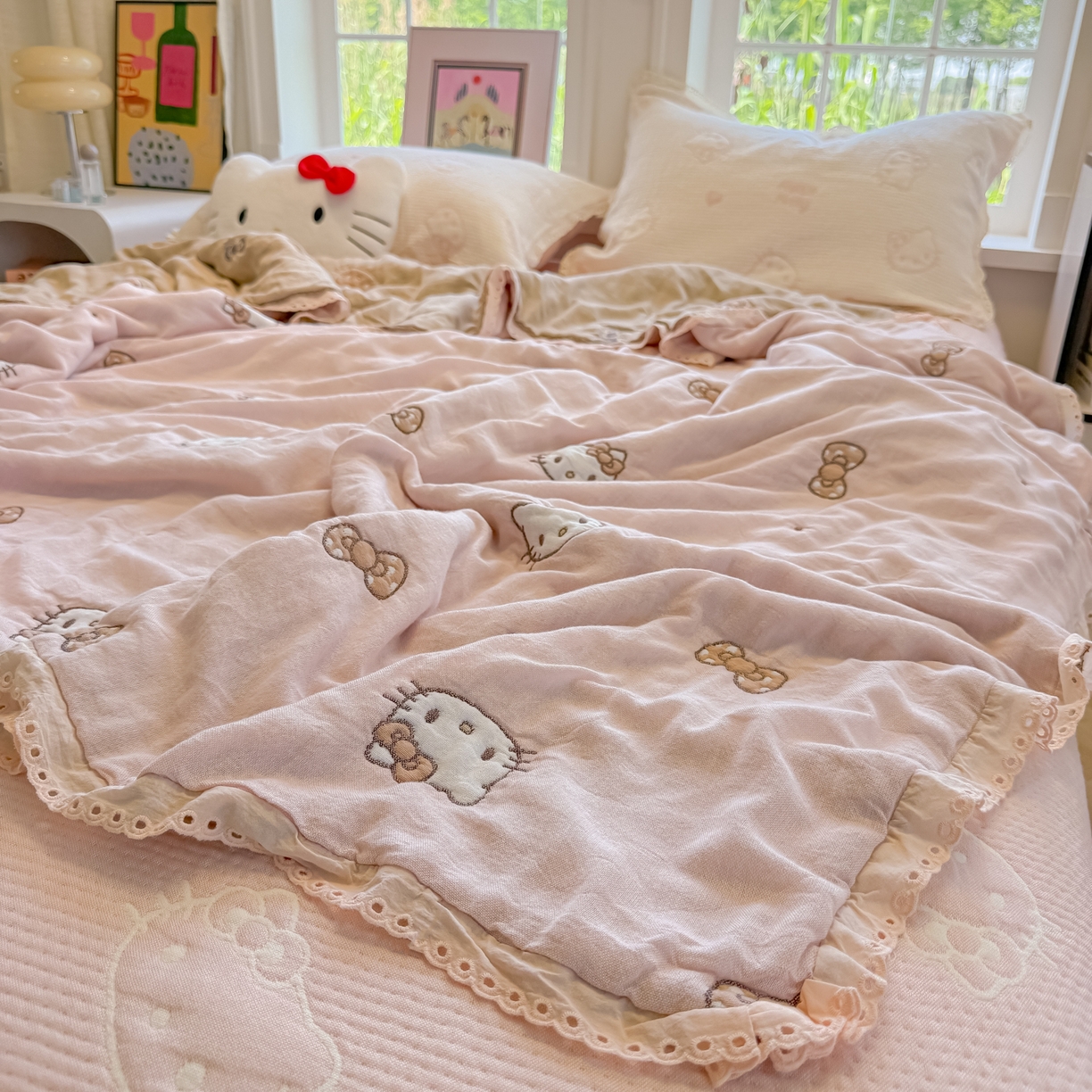 91家纺网 家纺一手货源 找家纺 盼季家纺 2026新款A类木棉皱皱纱床盖夏被四件套场景二-奶盖KT 奶盖KT-粉粉