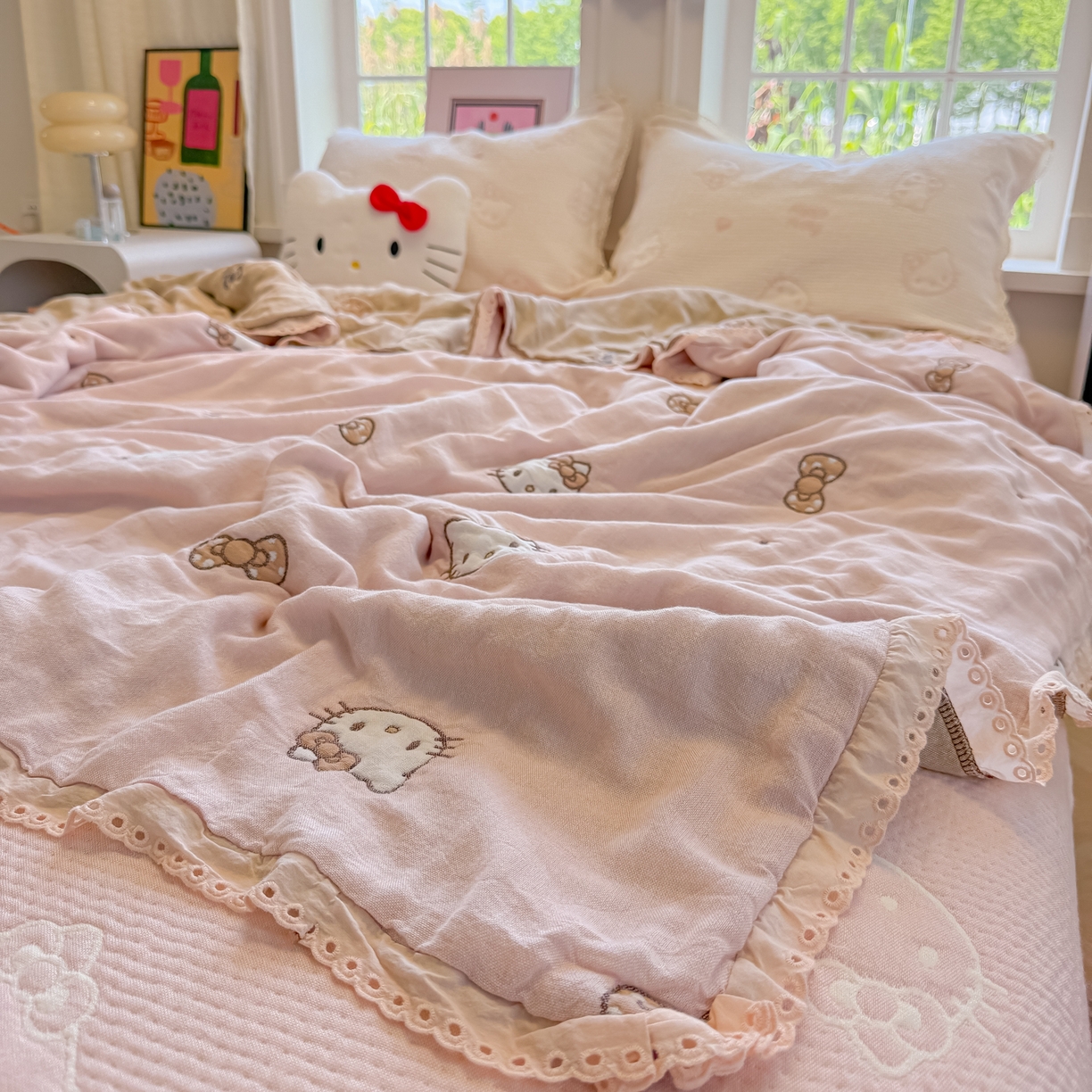 91家纺网 家纺一手货源 找家纺 盼季家纺 2026新款A类木棉皱皱纱床盖夏被四件套场景二-奶盖KT 奶盖KT-粉粉