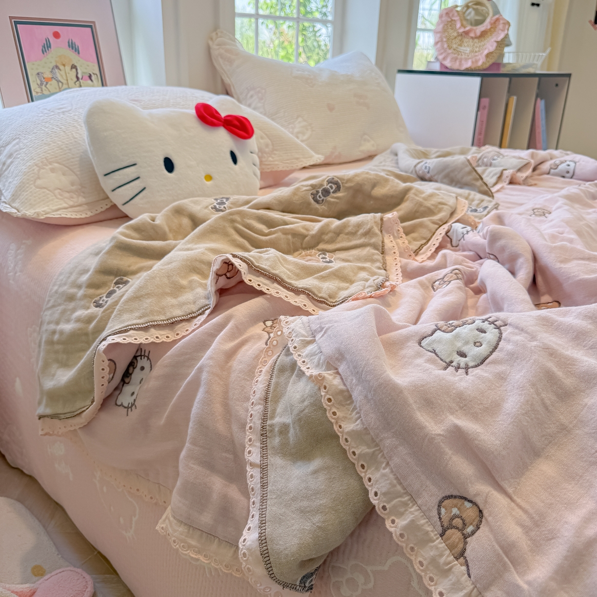 91家纺网 家纺一手货源 找家纺 盼季家纺 2026新款A类木棉皱皱纱床盖夏被四件套场景二-奶盖KT 奶盖KT-粉粉