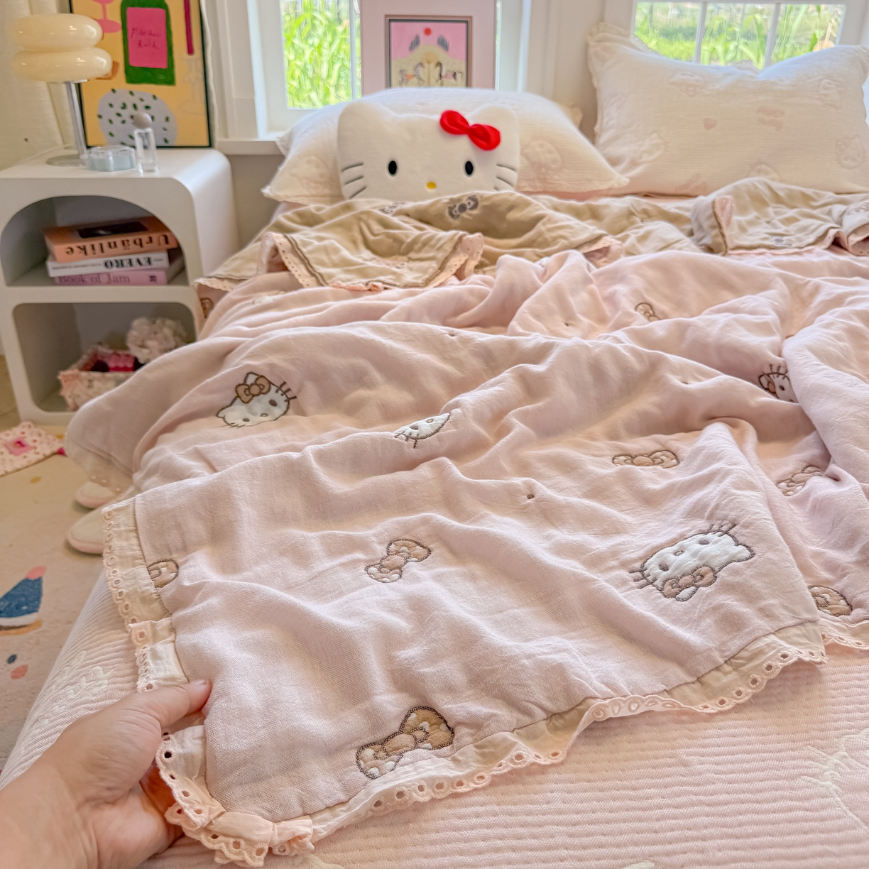 91家纺网 家纺一手货源 找家纺 盼季家纺 2026新款A类木棉皱皱纱床盖夏被四件套场景二-奶盖KT 奶盖KT-粉粉