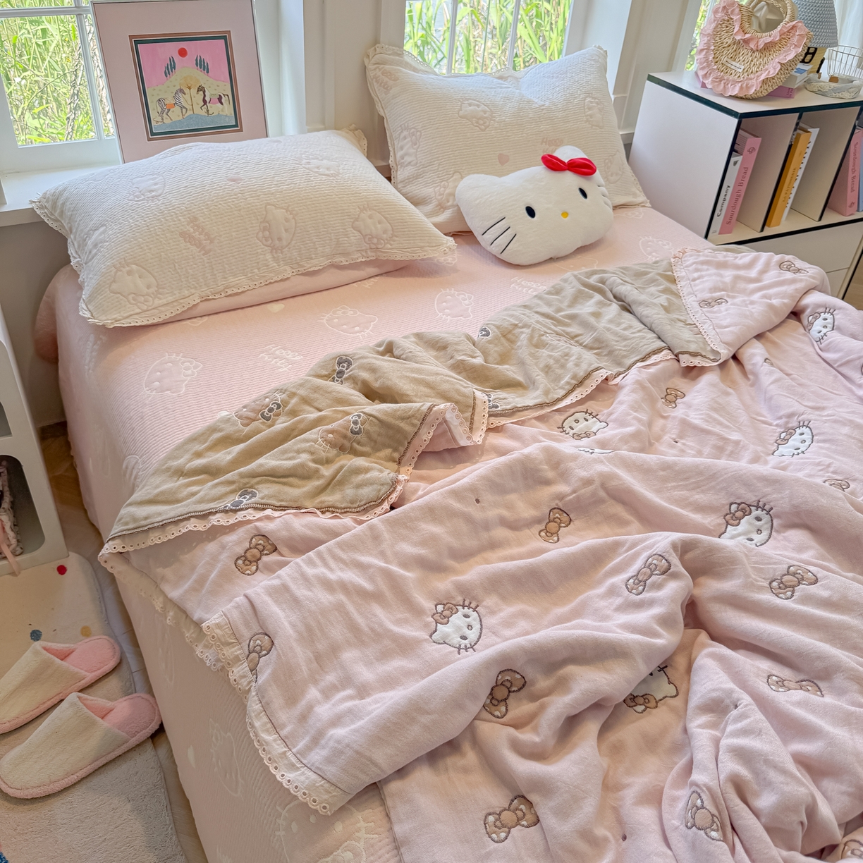 91家纺网 家纺一手货源 找家纺 盼季家纺 2026新款A类木棉皱皱纱床盖夏被四件套场景二-奶盖KT 奶盖KT-粉粉