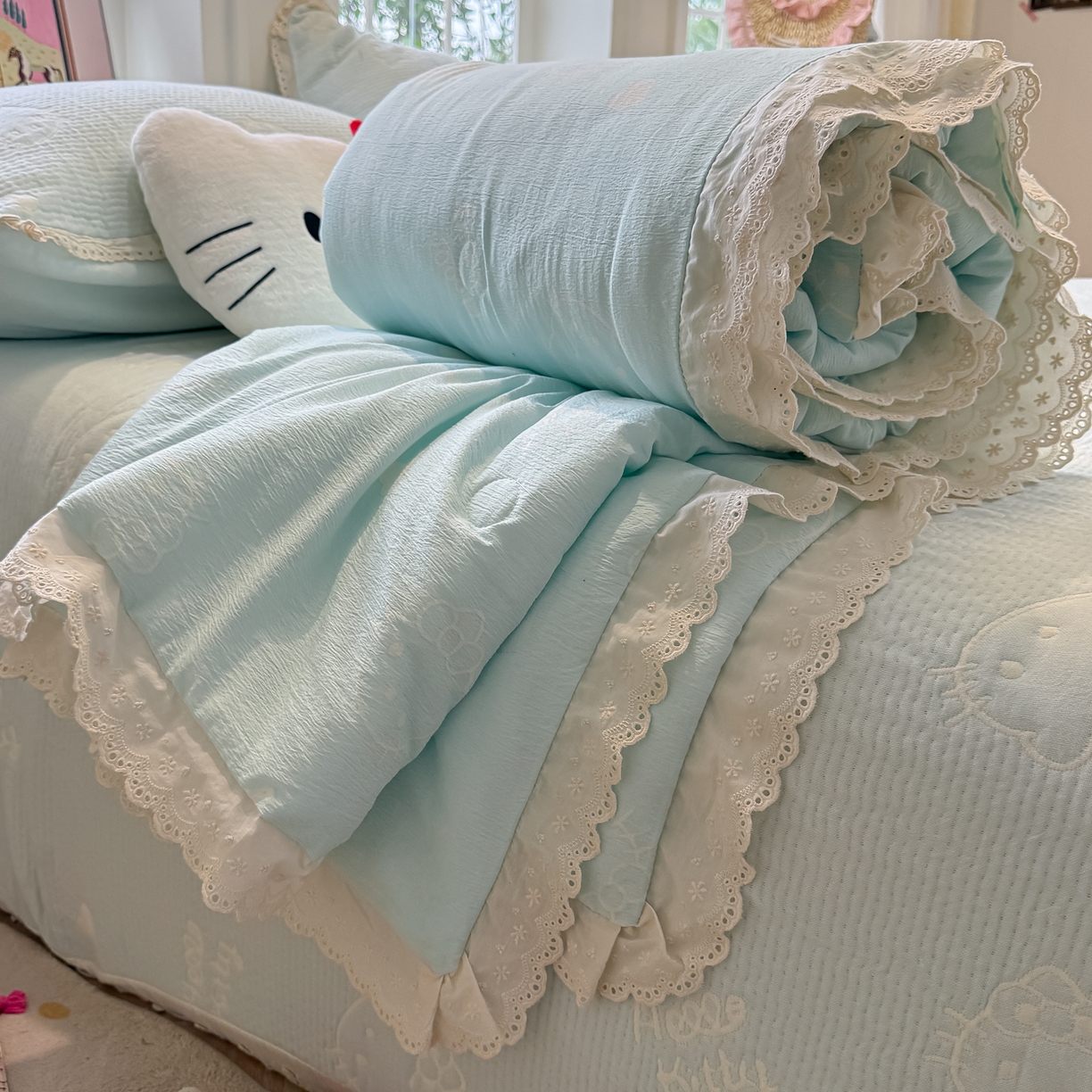 盼季家纺 2026新款A类木棉皱皱纱床盖夏被四件套场景二-奶盖KT 奶盖KT-奶蓝