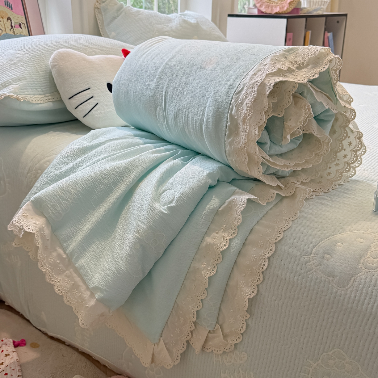 91家纺网 家纺一手货源 找家纺 盼季家纺 2026新款A类木棉皱皱纱床盖夏被四件套场景二-奶盖KT 奶盖KT-奶蓝