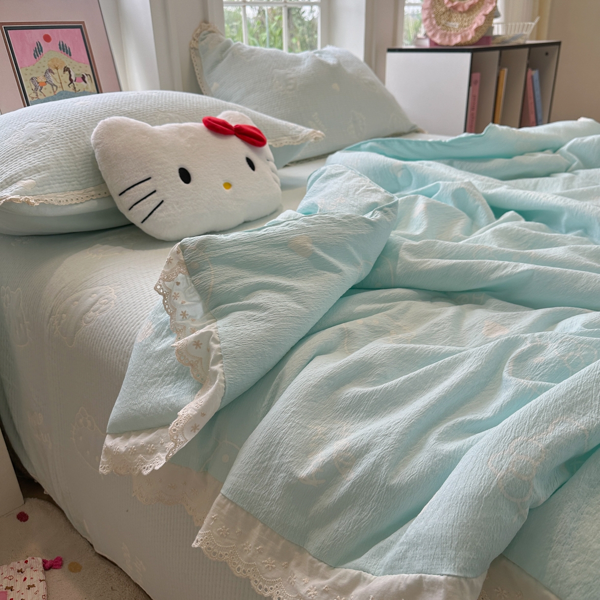 91家纺网 家纺一手货源 找家纺 盼季家纺 2026新款A类木棉皱皱纱床盖夏被四件套场景二-奶盖KT 奶盖KT-奶蓝