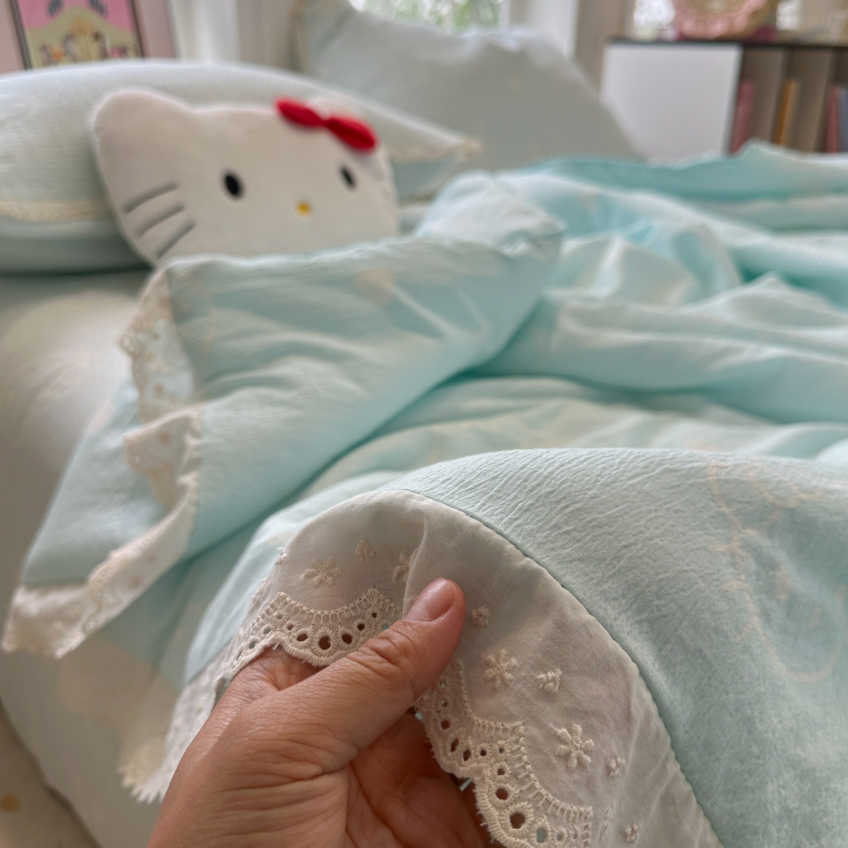 91家纺网 家纺一手货源 找家纺 盼季家纺 2026新款A类木棉皱皱纱床盖夏被四件套场景二-奶盖KT 奶盖KT-奶蓝
