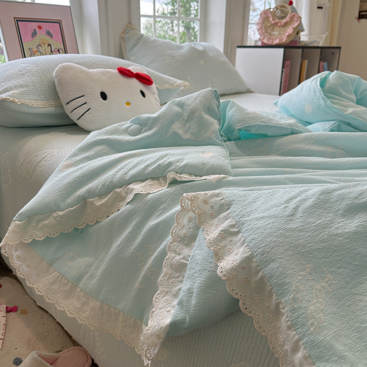 91家纺网 家纺一手货源 找家纺 盼季家纺 2026新款A类木棉皱皱纱床盖夏被四件套场景二-奶盖KT 奶盖KT-奶蓝