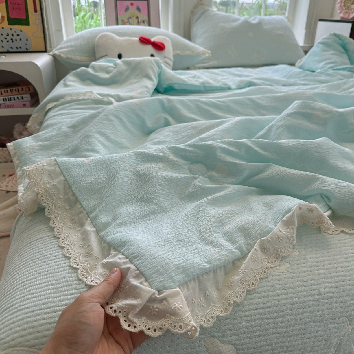 91家纺网 家纺一手货源 找家纺 盼季家纺 2026新款A类木棉皱皱纱床盖夏被四件套场景二-奶盖KT 奶盖KT-奶蓝
